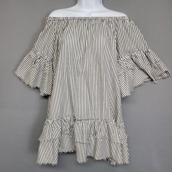 Zara Woman Off The Shoulder Mini Dress Womens Small Gray White Striped Raw Edges - Picture 1 of 16